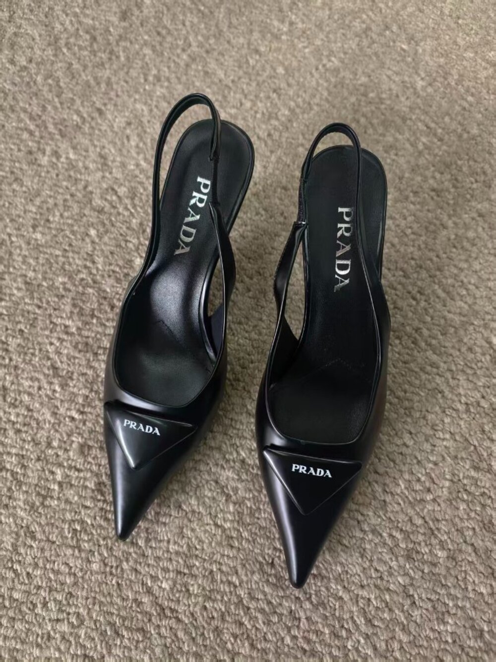 Prada Black Leather Triangle Logo Slingback Heels